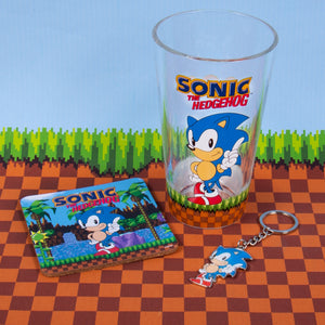 Sonic Glas mit Untersetzer und Schlüsselanhänger im Set