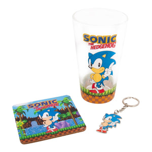 Sonic Glas mit Untersetzer und Schlüsselanhänger im Set