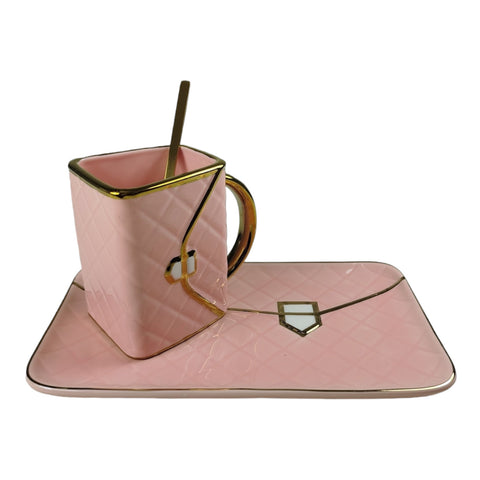 Shopping Bag Kaffeebecher Set Handtasche Tasse mit Löffel und Untertasse in Pink