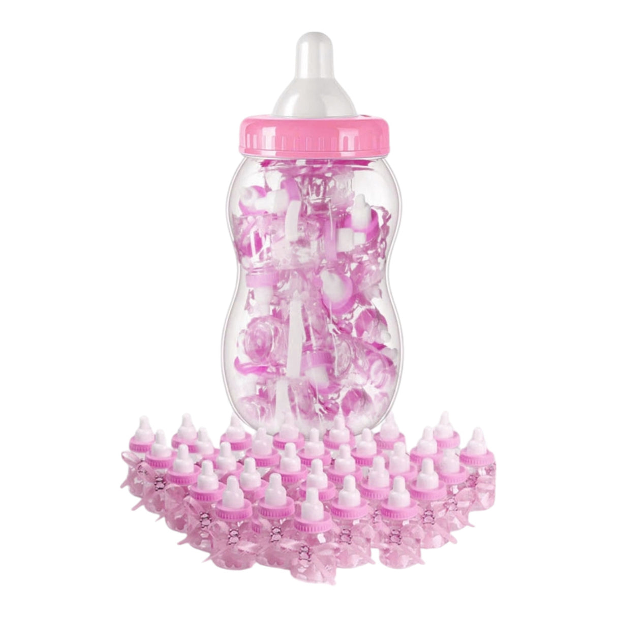 XXL Babyflasche mit 30 kleinen Flaschen für Babypartys in Pink