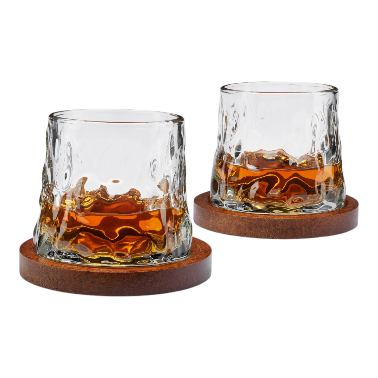 Rotierende Whiskeygläser - Whisky Geschenkset mit Untersetzern aus Holz im 2er-Set