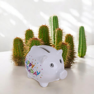 Mini Happy Birthday Sparschwein - Geburtstags Spardose aus Keramik