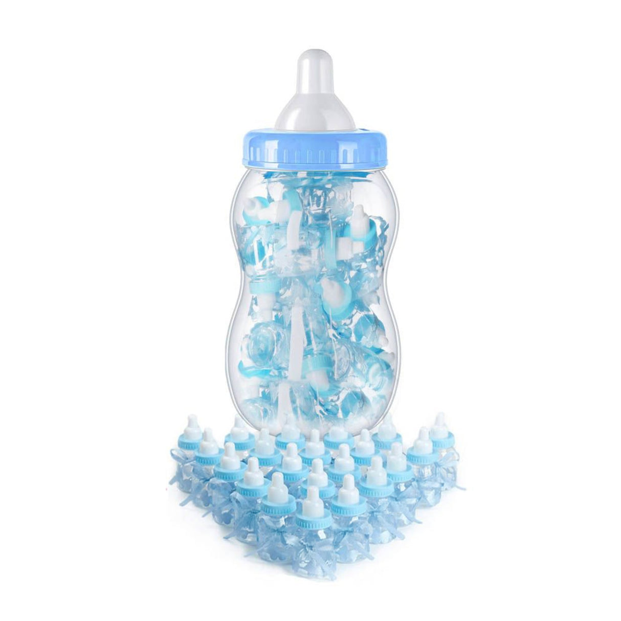 XXL Babyflasche mit 30 kleinen Flaschen für Babypartys in Babyblau