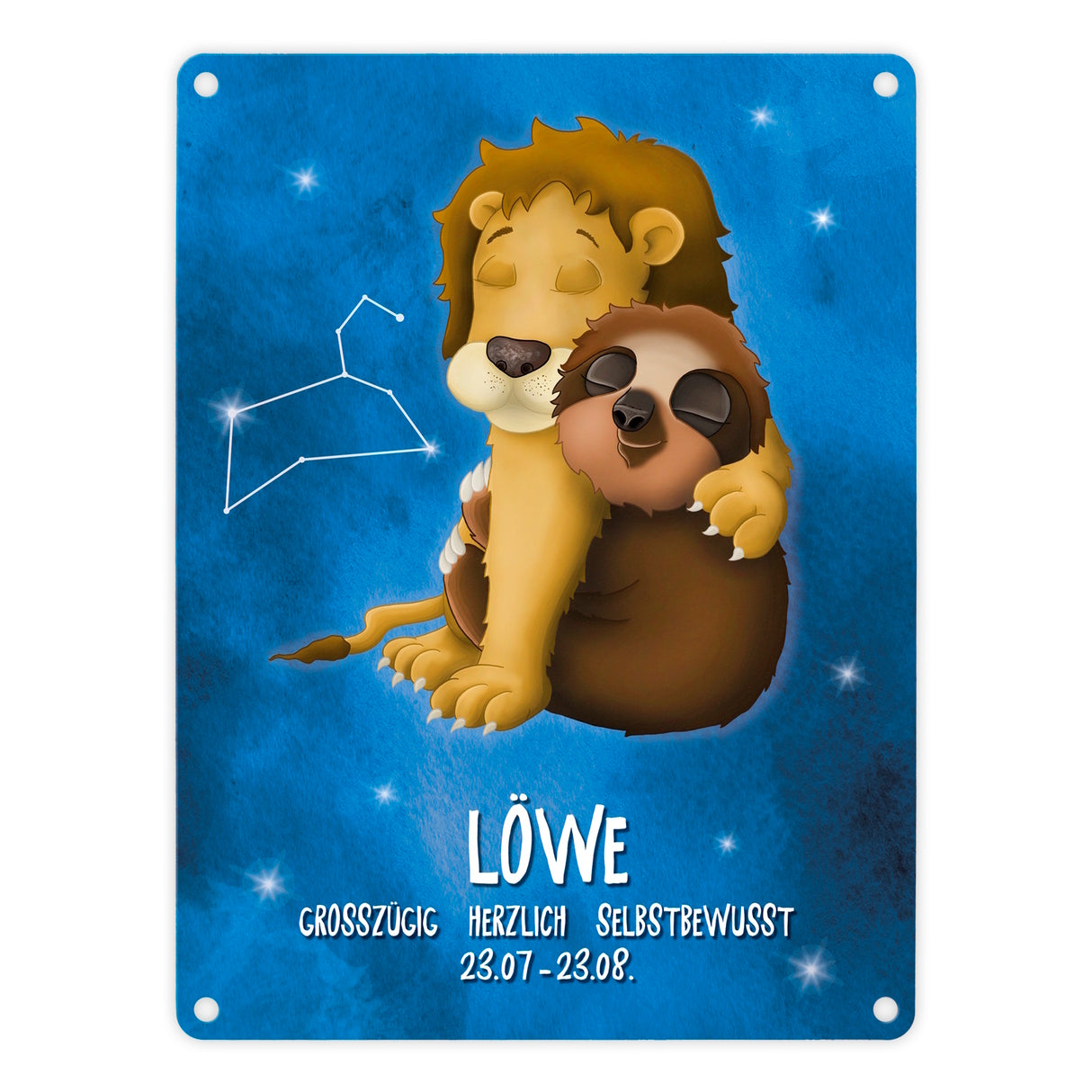 Metallschild mit Faultier Sternzeichen Löwe Motiv