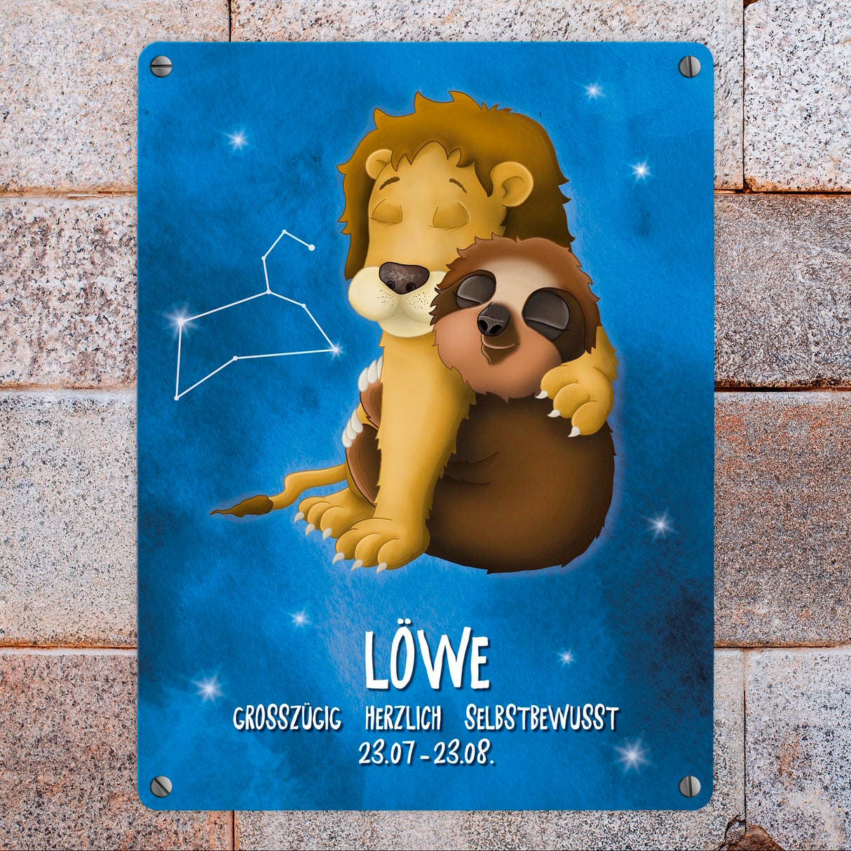 Metallschild mit Faultier Sternzeichen Löwe Motiv