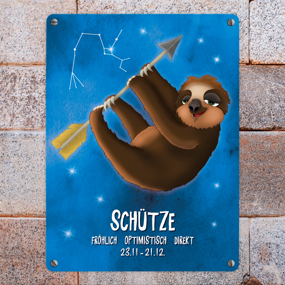 Metallschild mit Faultier Sternzeichen Schütze Motiv