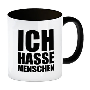Kaffeebecher mit Mittelfinger Motiv und Spruch: Ich hasse Menschen