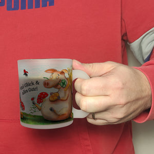 Kaffeebecher mit Glücksschwein Motiv und Spruch: Viel Glück und alles Gute!