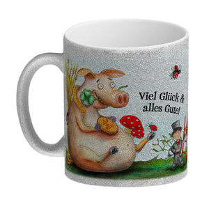 Kaffeebecher mit Glücksschwein Motiv und Spruch: Viel Glück und alles Gute!