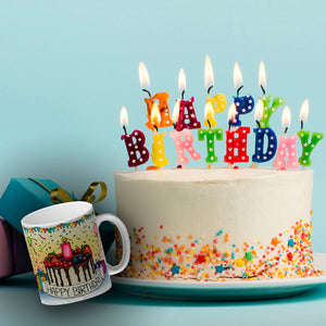 Kaffeebecher mit Geburtstagstorte Motiv und Spruch: Happy Birthday