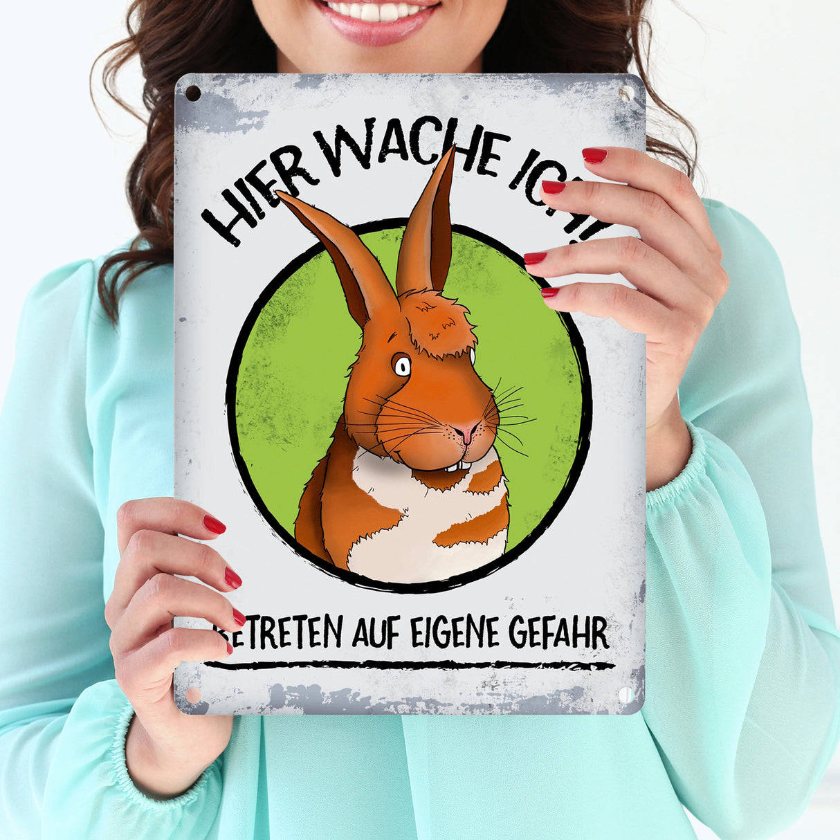 Hier wache ich! Comic Hase Metallschild