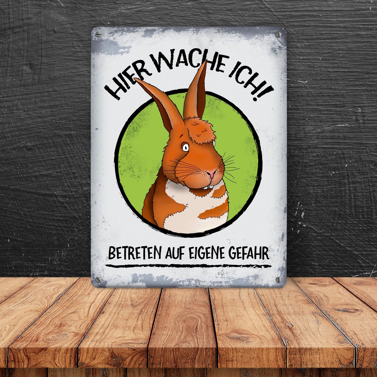 Hier wache ich! Comic Hase Metallschild
