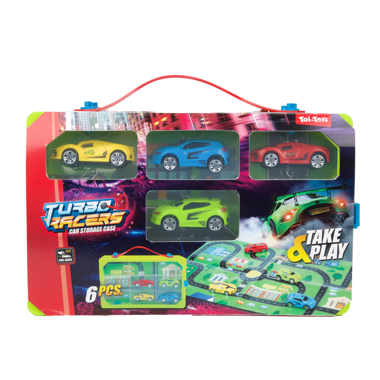 Autokoffer mit 4 Rennwagen und Spielzeugmatte für unterwegs