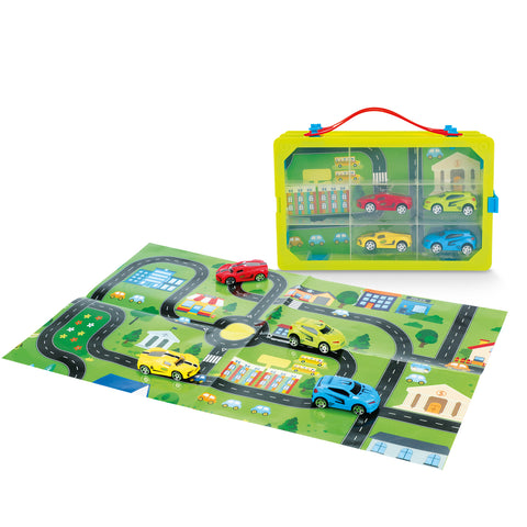 Autokoffer mit 4 Rennwagen und Spielzeugmatte für unterwegs