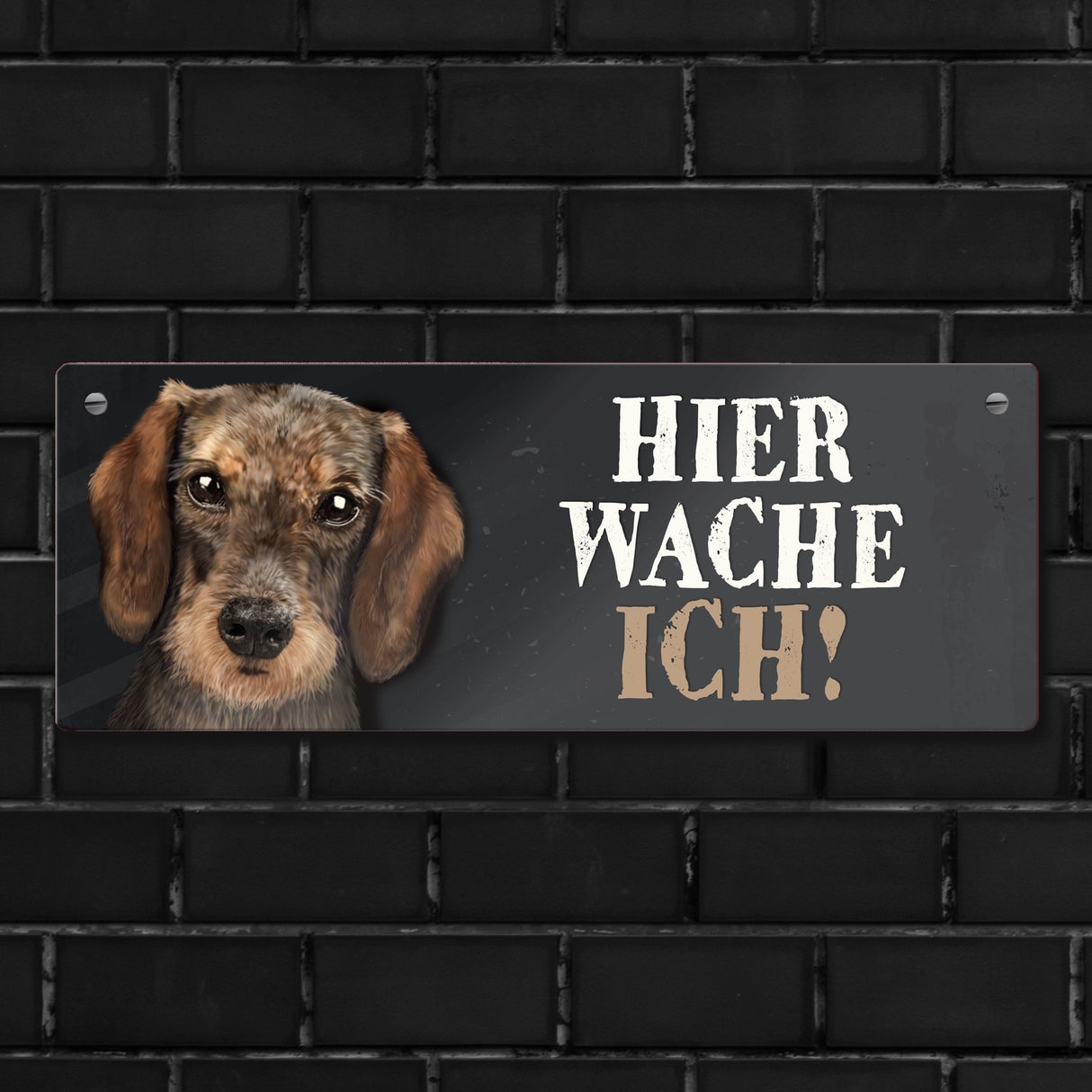 Metallschild mit Dackel Motiv und Spruch: Hier wache ich!