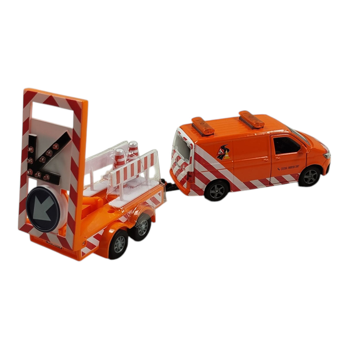 VW Transporter Baustellenfahrzeug Modellauto mit Anhänger, Licht und Zubehör