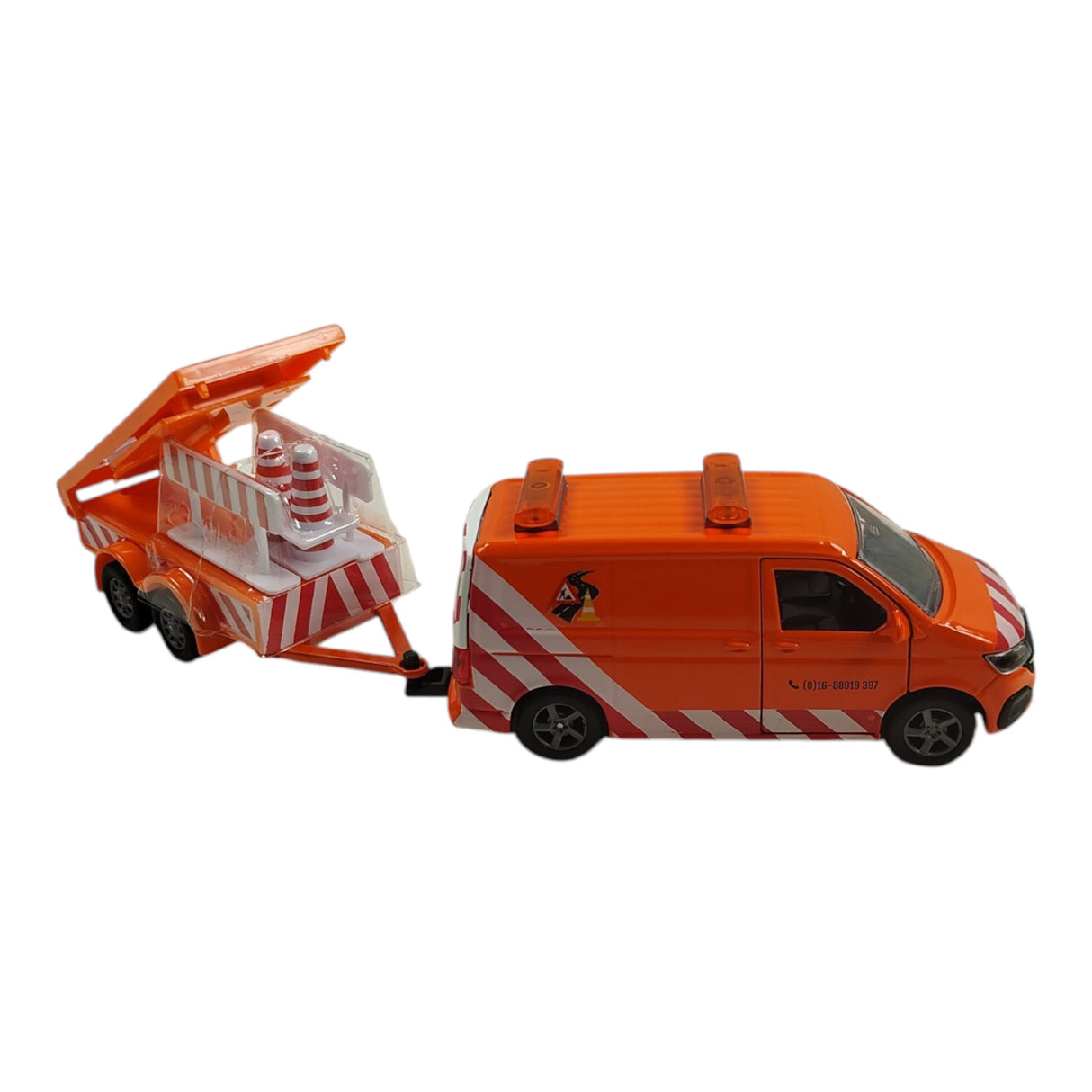 VW Transporter Baustellenfahrzeug Modellauto mit Anhänger, Licht und Zubehör