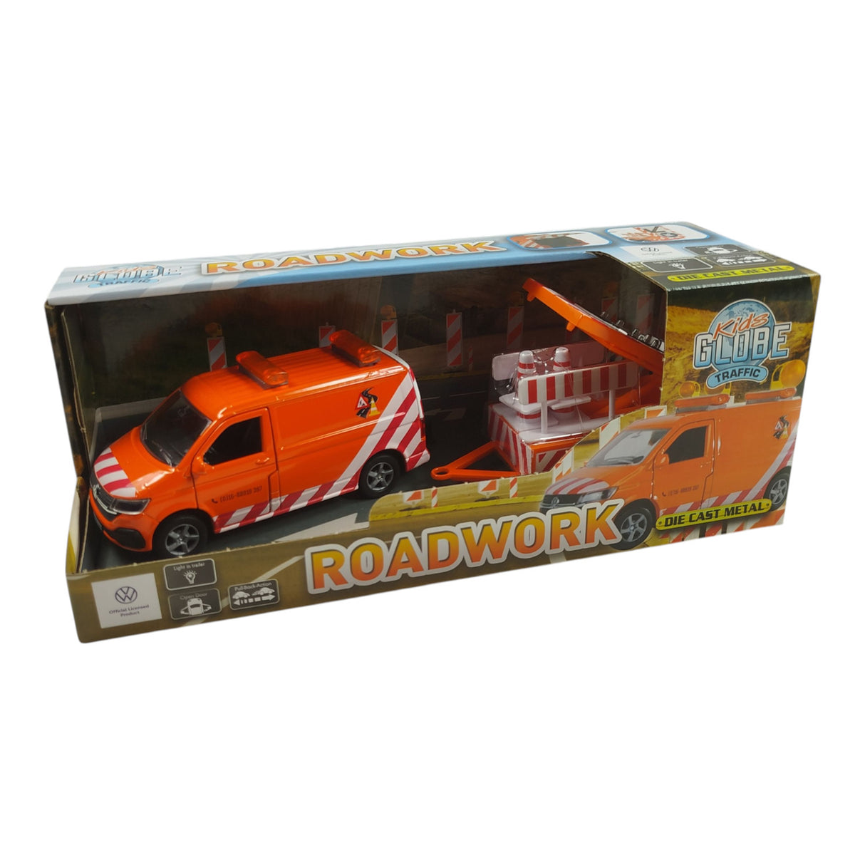 VW Transporter Baustellenfahrzeug Modellauto mit Anhänger, Licht und Zubehör
