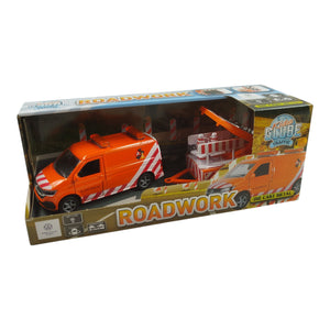 VW Transporter Baustellenfahrzeug Modellauto mit Anhänger, Licht und Zubehör