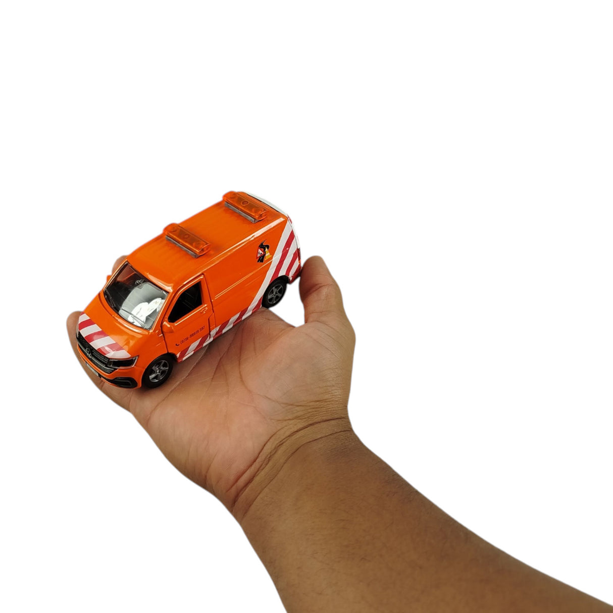 VW Transporter Baustellenfahrzeug Modellauto mit Anhänger, Licht und Zubehör