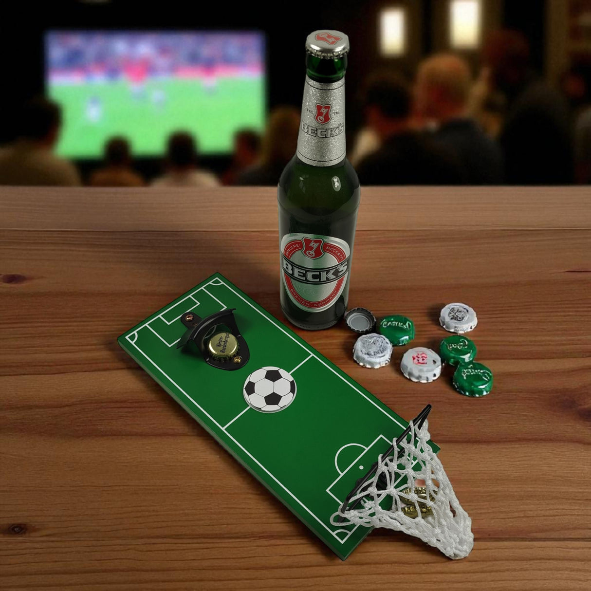 Fußball Flaschenöffner auf Holzbrett