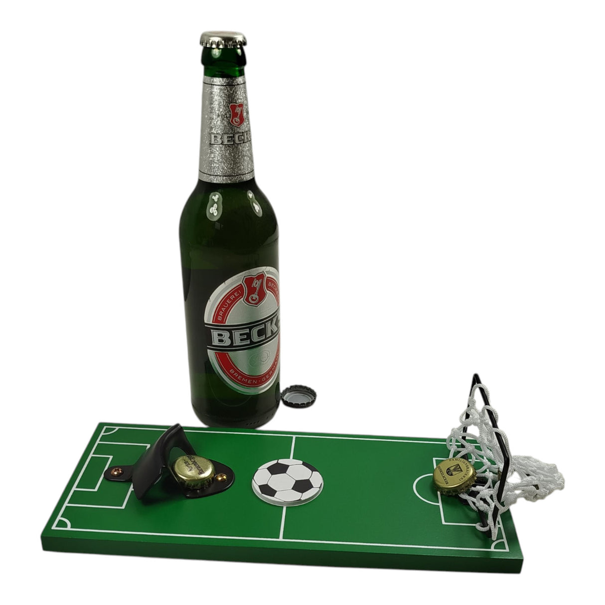 Fußball Flaschenöffner auf Holzbrett