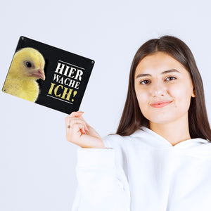 Metallschild mit Küken Motiv und Spruch: Hier wache ich!
