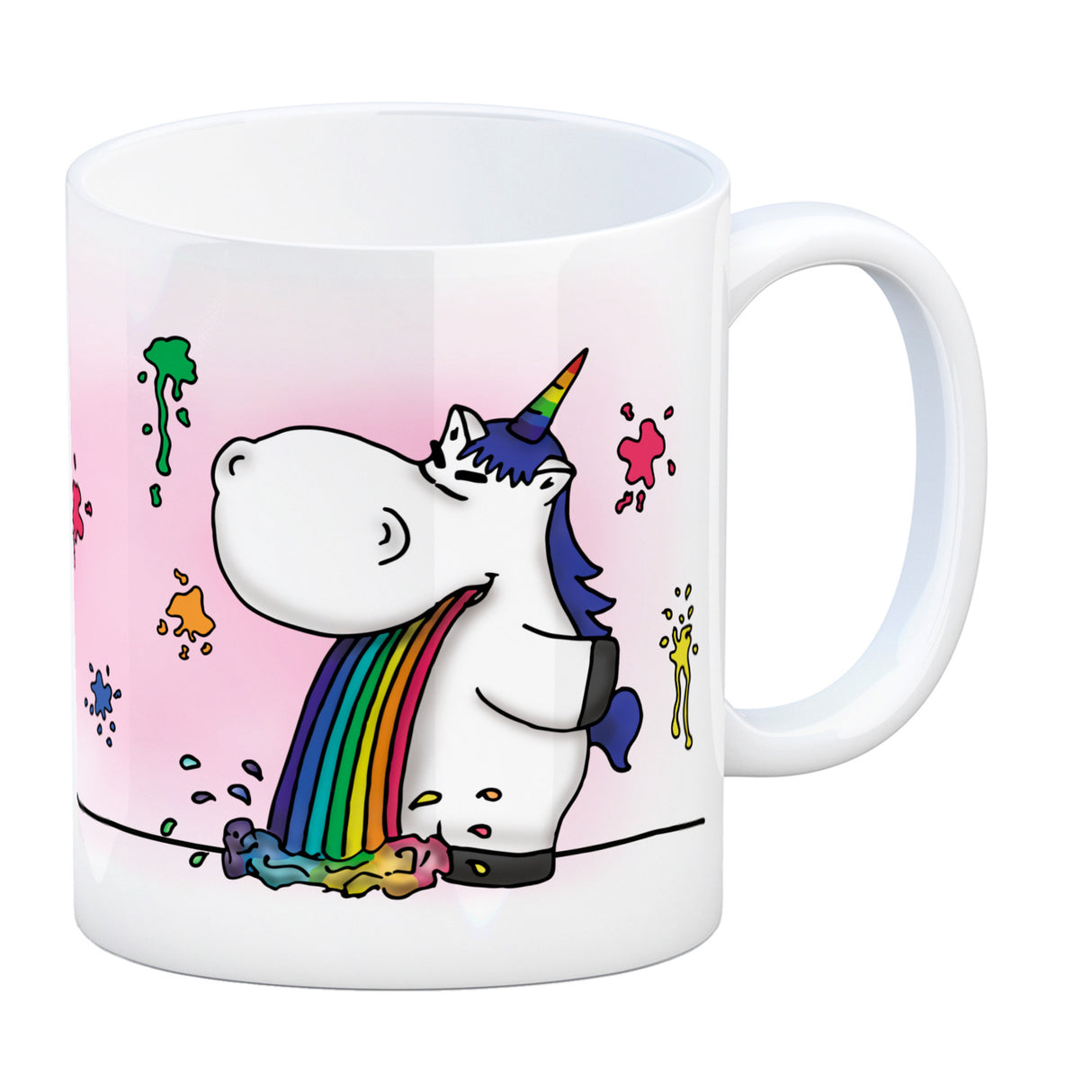 Honeycorns Kaffeebecher mit kotzendem Einhorn und Regenbogen Motiv