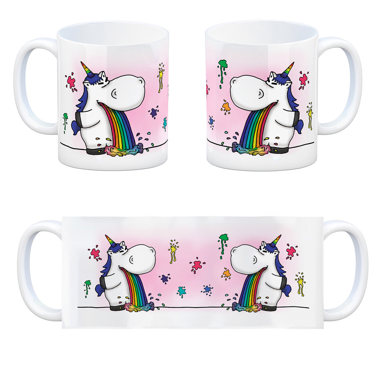 Honeycorns Kaffeebecher mit kotzendem Einhorn und Regenbogen Motiv