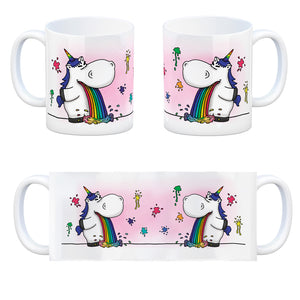 Honeycorns Kaffeebecher mit kotzendem Einhorn und Regenbogen Motiv