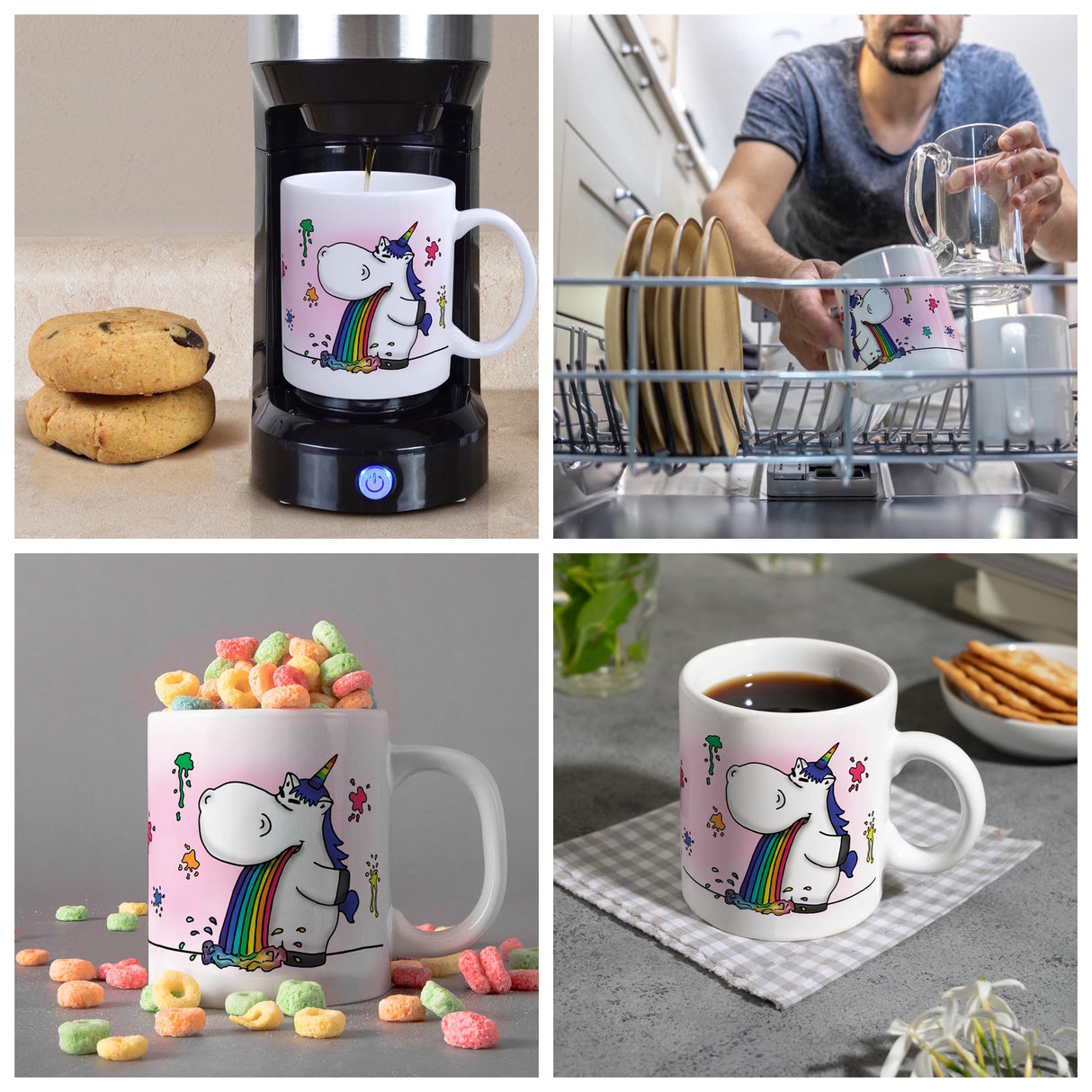 Honeycorns Kaffeebecher mit kotzendem Einhorn und Regenbogen Motiv
