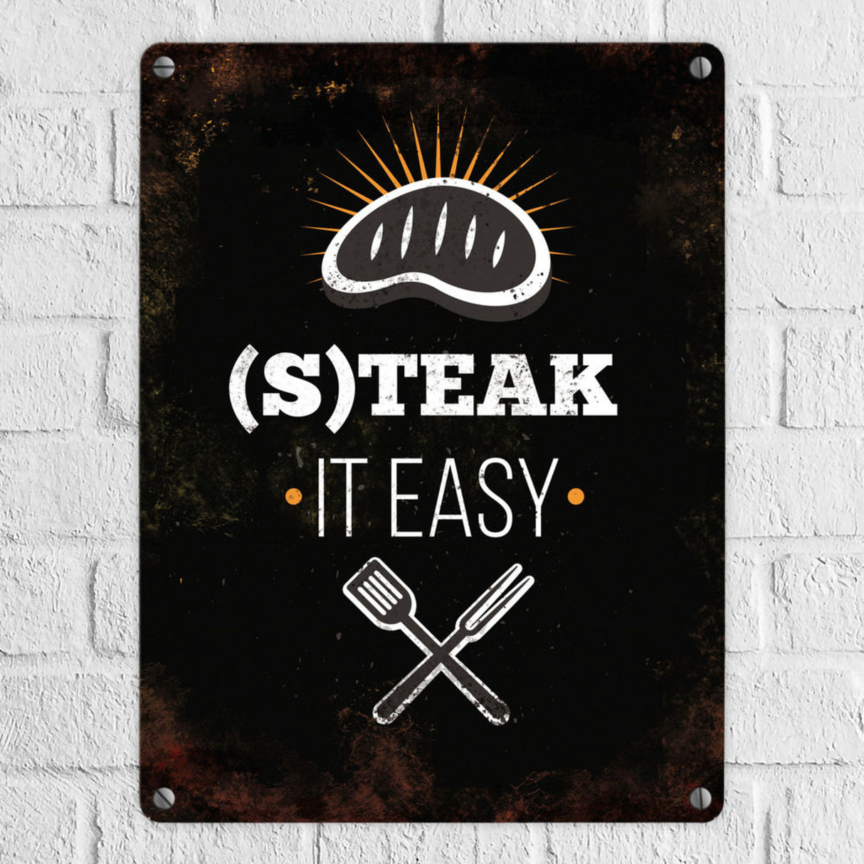 Metallschild mit BBQ Motiv und Spruch: Steak it easy