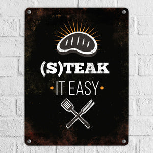 Metallschild mit BBQ Motiv und Spruch: Steak it easy