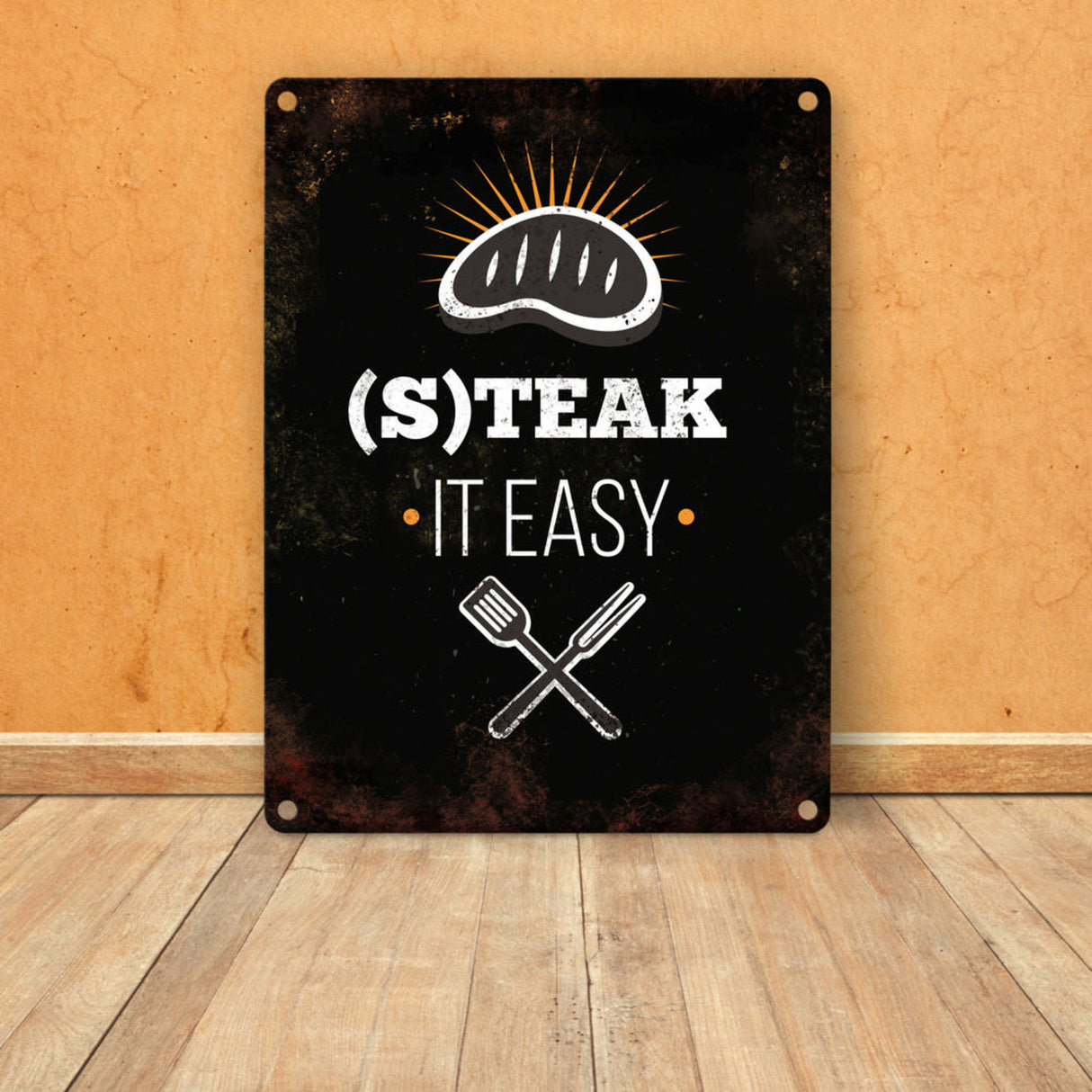 Metallschild mit BBQ Motiv und Spruch: Steak it easy