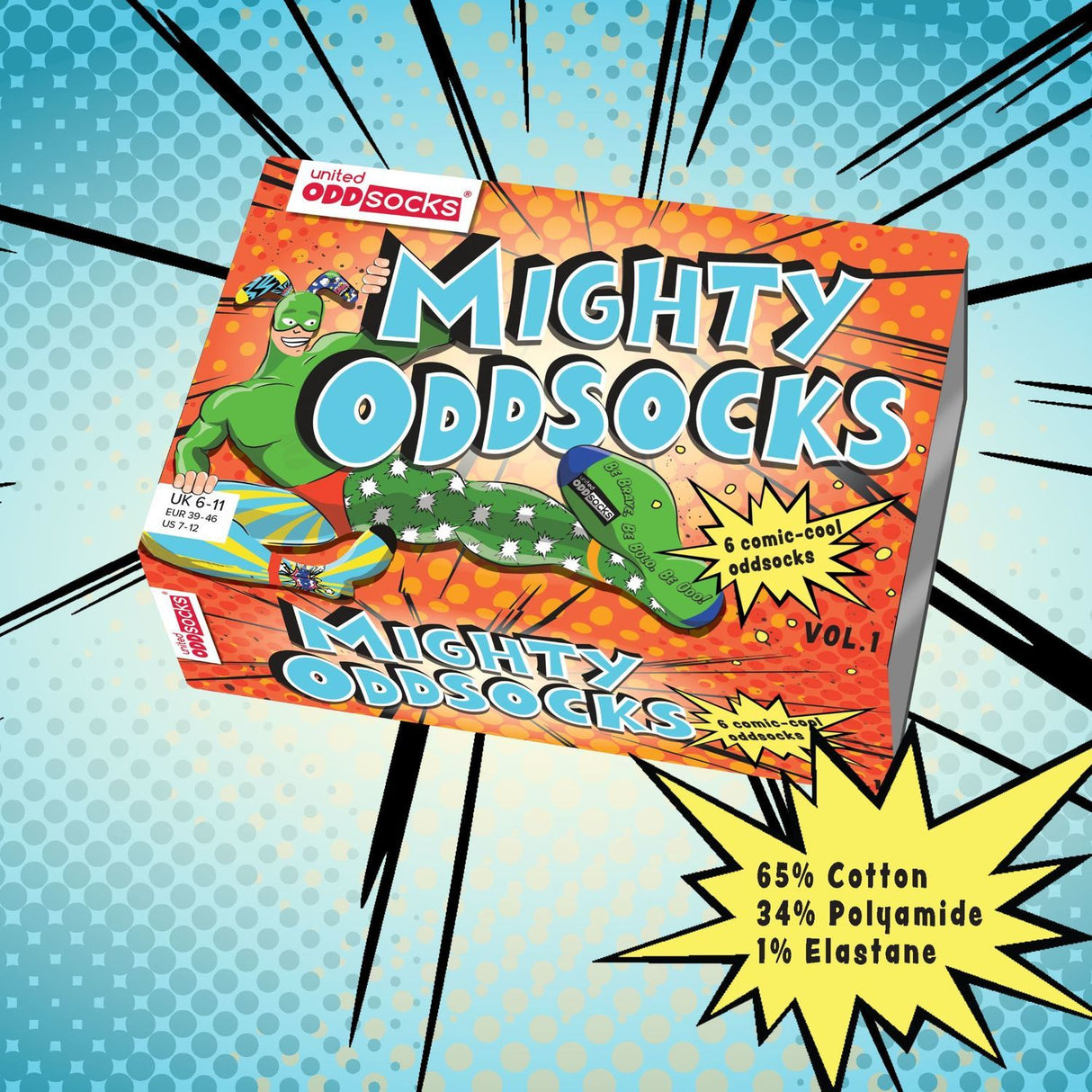 Verrückte Superhelden Comic Oddsocks Socken in 39-46 im 6er Set