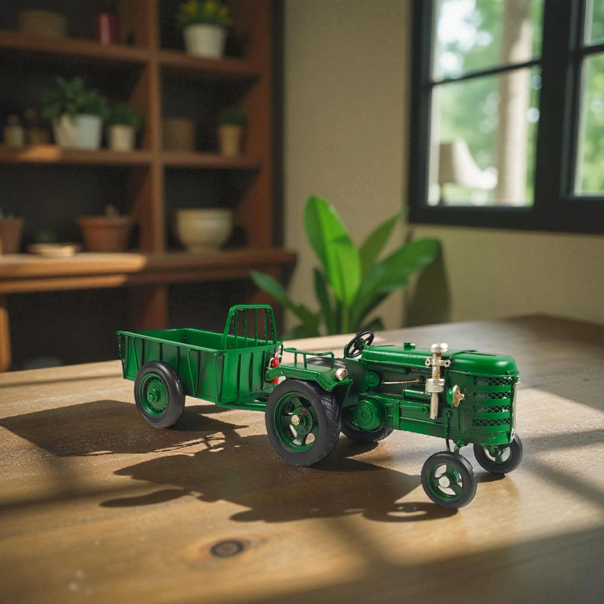 Traktor mit Anhänger Dekoartikel aus Metall in grün