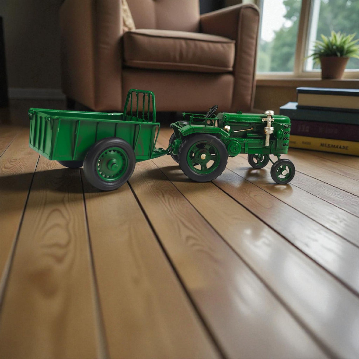 Traktor mit Anhänger Dekoartikel aus Metall in grün