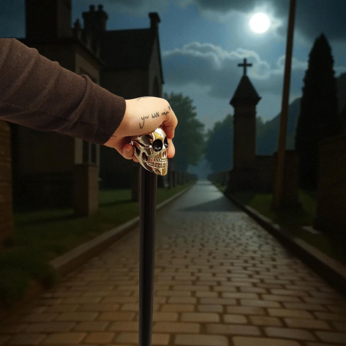 Totenkopf Spazierstock aus Holz mit silbernem Griff aus Metall