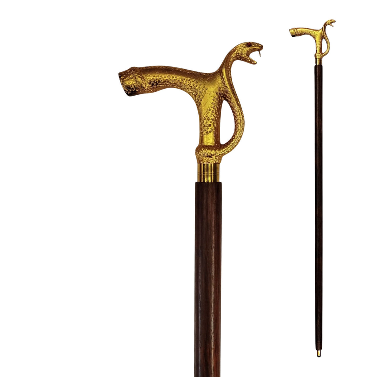 Schlange Spazierstock aus Holz mit goldenem Griff aus Metall