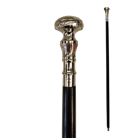 Floraler Spazierstock aus Holz mit silbernem Griff aus Metall
