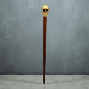 Totenkopf Spazierstock aus Holz mit goldenem Griff aus Metall