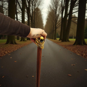 Totenkopf Spazierstock aus Holz mit goldenem Griff aus Metall