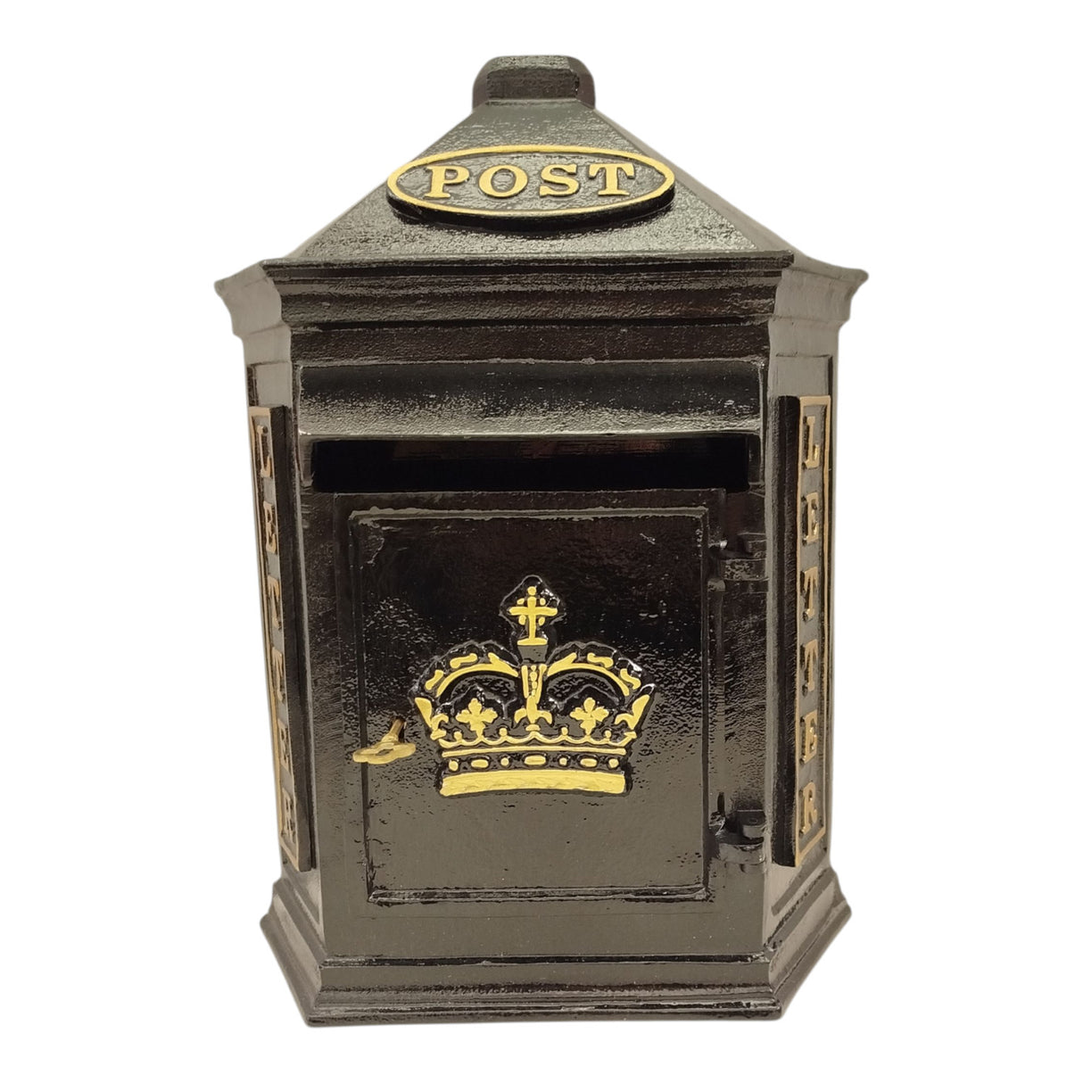 Retro Crown Post Box Briefkasten aus Metall in schwarz