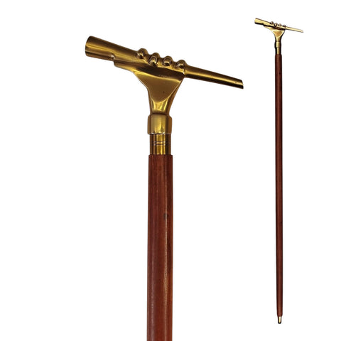 Hand mit Fernrohr Spazierstock aus Holz mit goldenem Griff aus Metall