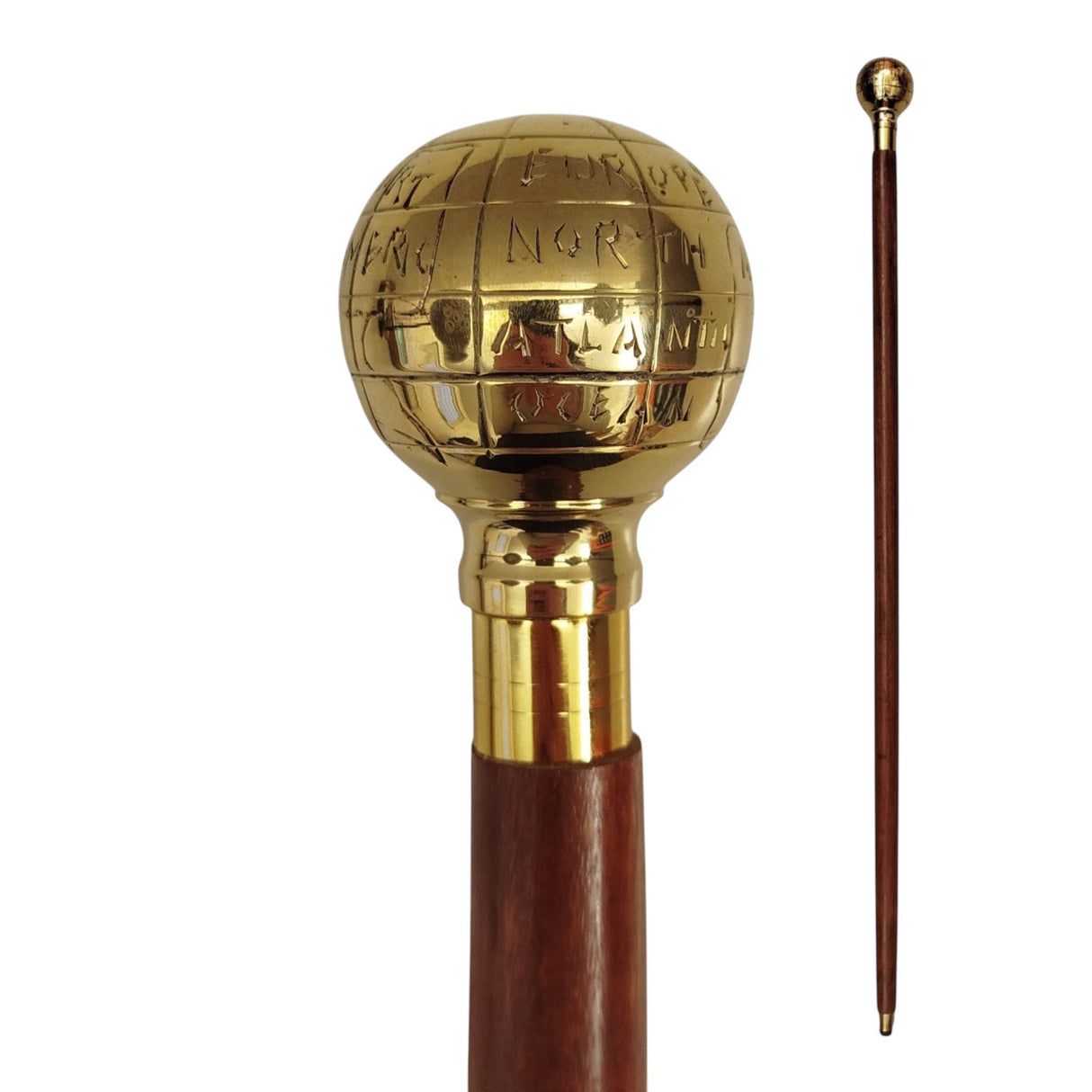 Weltkugel Spazierstock aus Holz mit goldenem Griff aus Metall