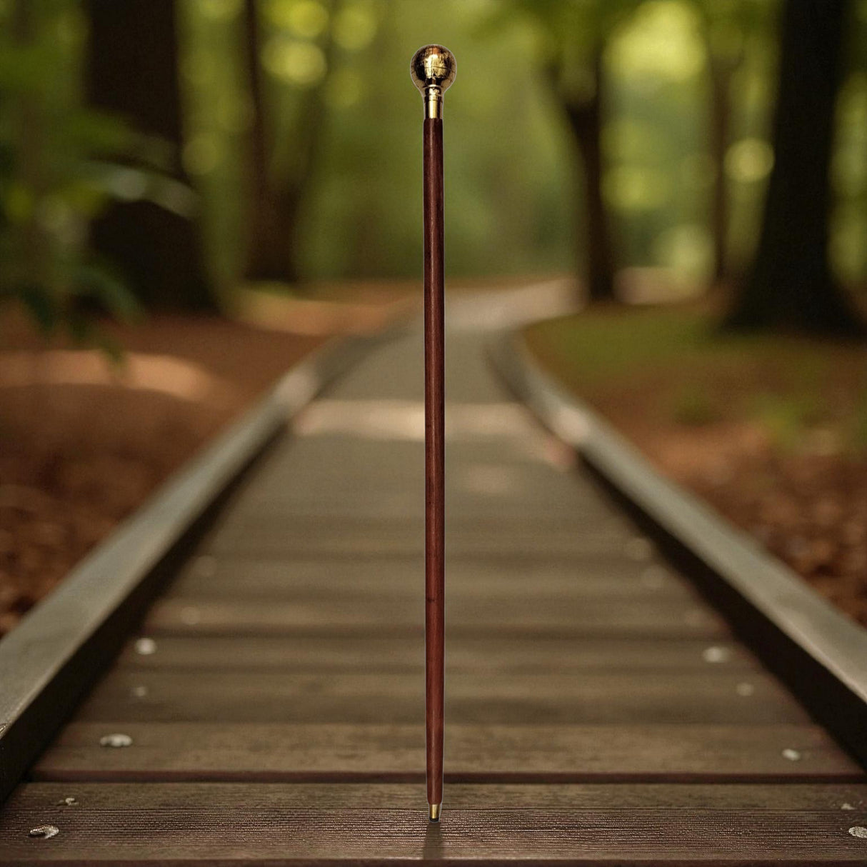 Weltkugel Spazierstock aus Holz mit goldenem Griff aus Metall