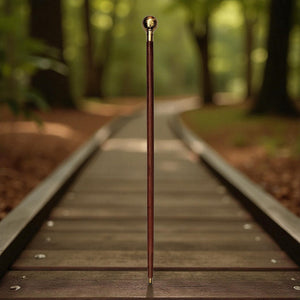 Weltkugel Spazierstock aus Holz mit goldenem Griff aus Metall