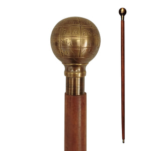 Weltkugel Spazierstock aus Holz mit goldenem Griff aus Messing