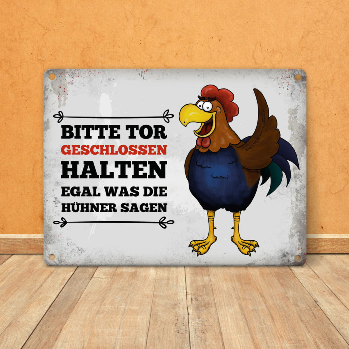 Bitte Tor geschlossen halten Metallschild mit Hahn Motiv - Huhn Hühnerstall Tür