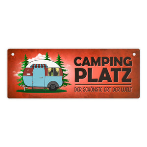 Campingplatz Metallschild schmal mit Wohnwagen Motiv Wohnmobil Urlaub Hobby Ort